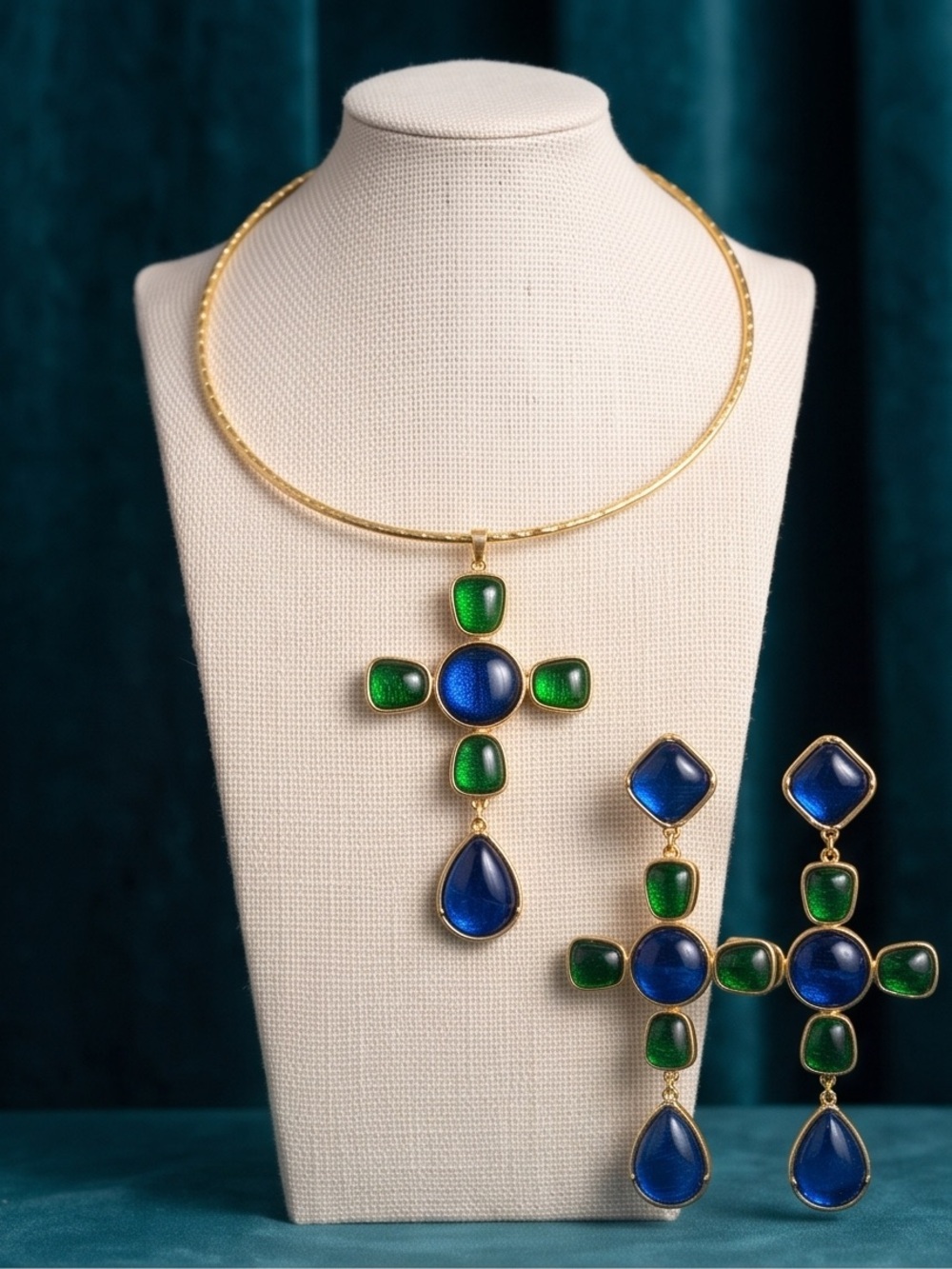 Gold Pendant Necklace with Blue and Green Cabochons